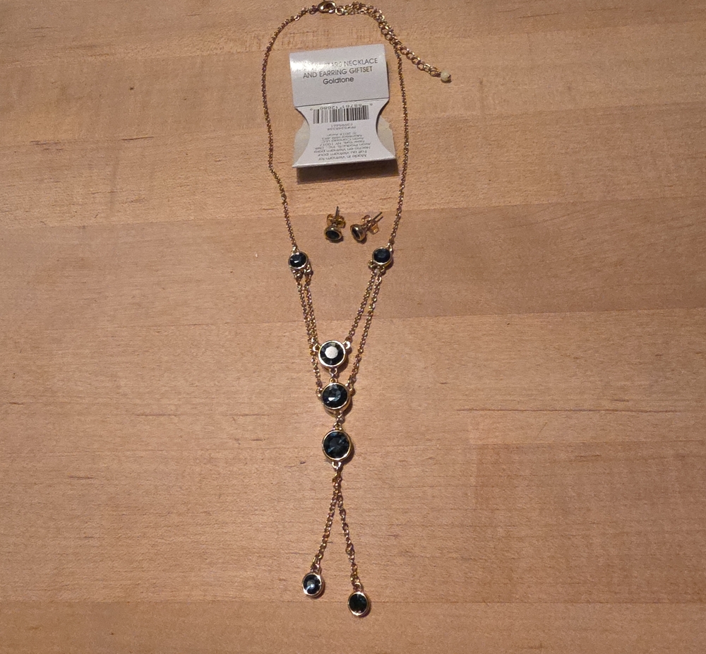 Avon Gold-Tone Necklace and Earring Set with Dark Blue Stones